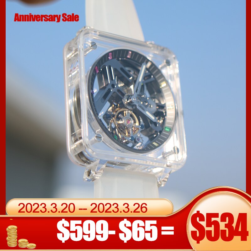 GIV Transparent Crystal Tourbillon Watch for Men Skeleton Dial Sapphire Waterproof Watches Manual Mechanical Luxury Watch Men