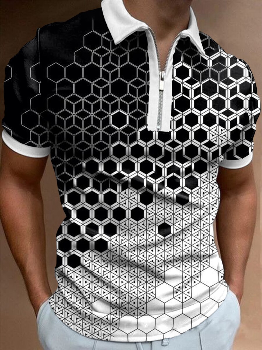 2023 summer Men's Long Sleeve Polo Shirt Casual Zipper Golf Streetwear Clothing Geometric Print Polo Shirt Men