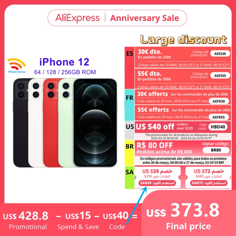 95% New Original Apple iPhone 12 iPhone12 64GB 128GB 256GB ROM 6.1" Genuine Super OLED Face ID NFC Unlocked 5G Cell Phones