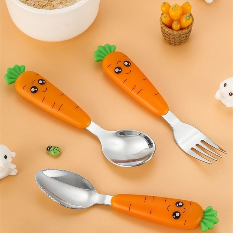 Carrots Tableware Set Children Baby Stainless Steel Spoon Fork Flatware With Box Kids Dinnerware Infant Feeding Kitchen Supplies